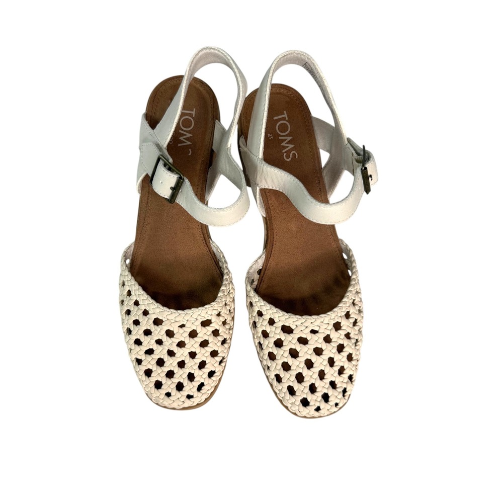 TOMS Womens Size 9 Cream Off White Woven Leather Block Heel Strappy Sandals